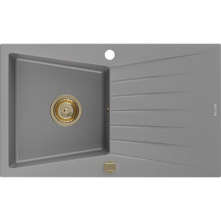 Mexen Cesar évier en granit 1 bac avec égouttoir 775 x 470 mm, gris, siphon doré - 6514771010-71-G