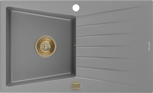 Mexen Cesar évier en granit 1 bac avec égouttoir 775 x 470 mm, gris, siphon doré - 6514771010-71-G