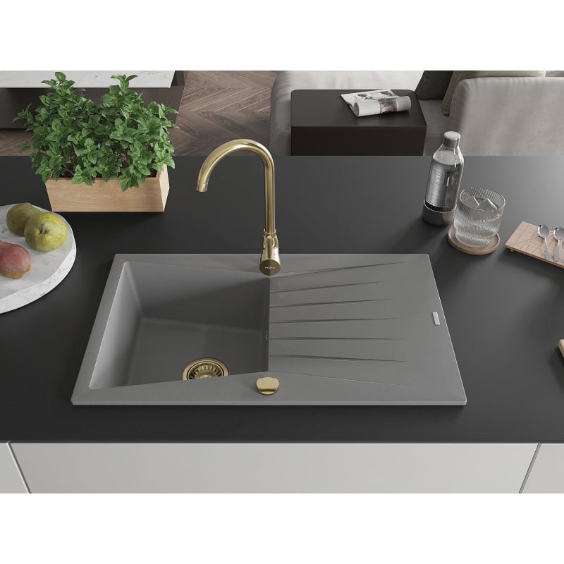 Mexen Cesar évier en granit 1 bac avec égouttoir 775 x 470 mm, gris, siphon doré - 6514771010-71-G