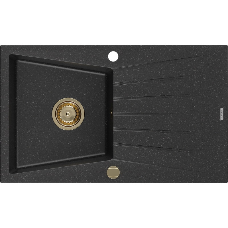 Mexen Cesar évier en granit 1 bac avec égouttoir 775 x 470 mm, noir/métallique argenté, siphon doré - 6514771010-73-G