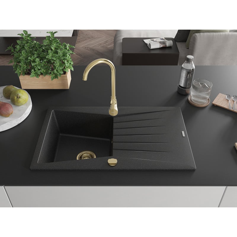 Mexen Cesar évier en granit à 1 bassin avec égouttoir 775 x 470 mm, noir/métallisé argent, siphon doré - 6514771010-73-G