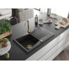 Mexen Cesar évier en granit 1 bac avec égouttoir 775 x 470 mm, noir/argent métallisé, siphon doré - 6514771010-73-G