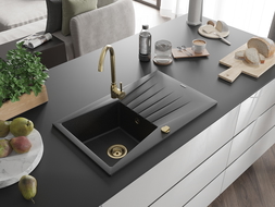 Mexen Cesar évier en granit à 1 cuve avec égouttoir 775 x 470 mm, Noir/ Argent métallique, siphon Or - 6514771010-73-G