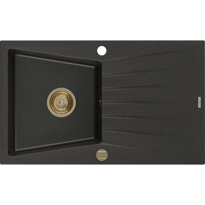 Mexen Cesar évier en granit à 1 bac avec égouttoir 775 x 470 mm, noir/doré métallisé, siphon doré - 6514771010-75-G