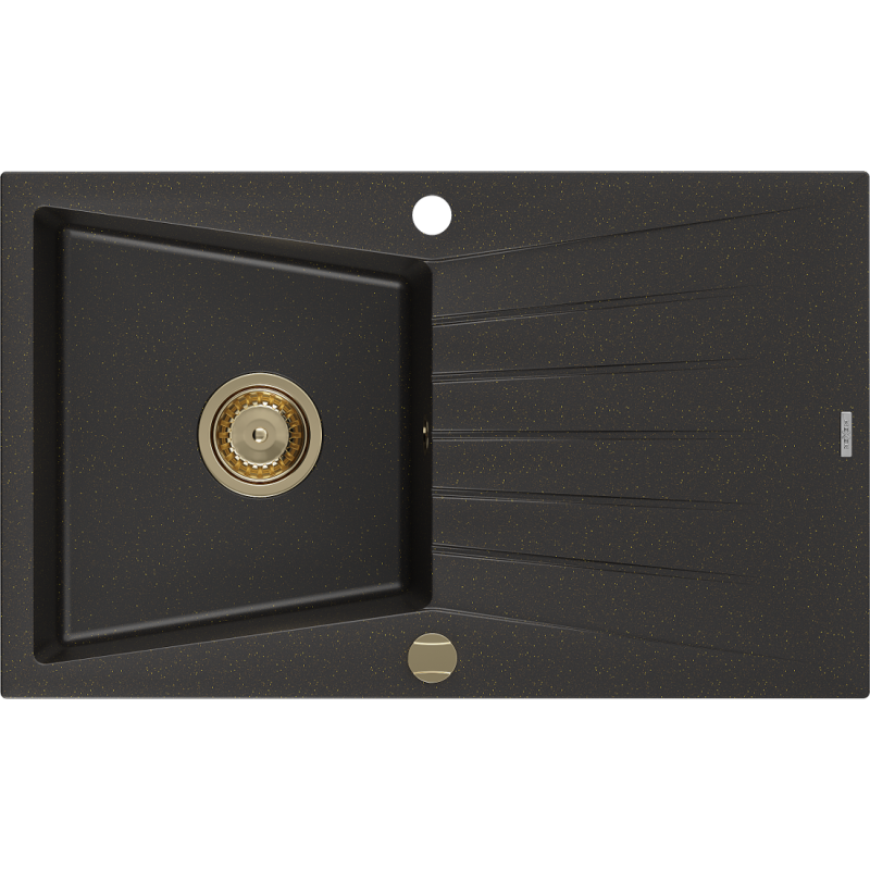 Mexen Cesar évier granitique 1 bac avec égouttoir 775 x 470 mm, noir/doré métallique, siphon doré - 6514771010-75-G