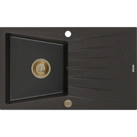 Mexen Cesar évier en granit à 1 cuve avec égouttoir 775 x 470 mm, Noir/Or métallique, siphon Or - 6514771010-75-G
