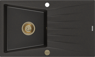 Mexen Cesar évier granitique 1 bac avec égouttoir 775 x 470 mm, noir/doré métallique, siphon doré - 6514771010-75-G