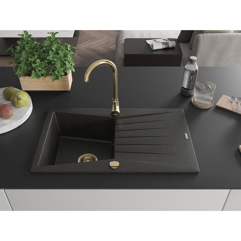 Mexen Cesar évier granitique 1 bac avec égouttoir 775 x 470 mm, noir/doré métallique, siphon doré - 6514771010-75-G