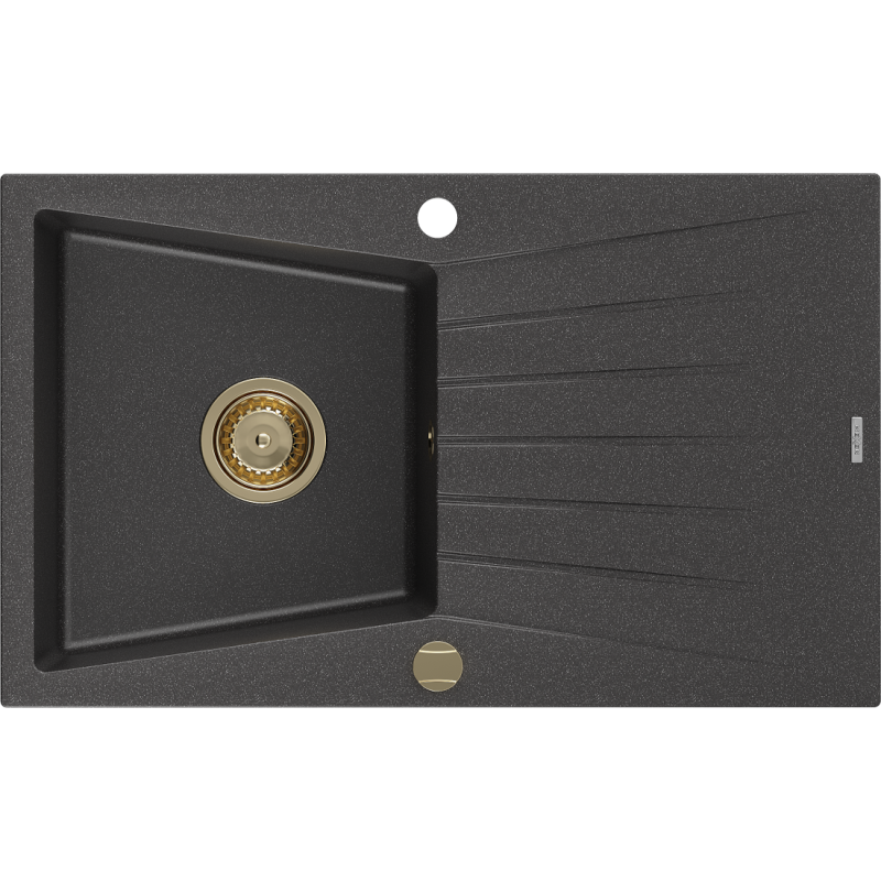 Mexen Cesar évier en granit 1 bac avec égouttoir 775 x 470 mm, noir moucheté, siphon doré - 6514771010-76-G