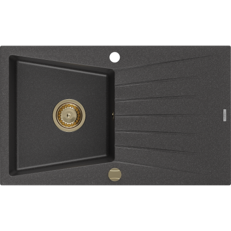 Mexen Cesar évier en granit à 1 cuve avec égouttoir 775 x 470 mm, Noir moucheté, siphon Or - 6514771010-76-G