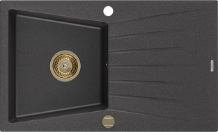 Mexen Cesar évier de cuisine en granit 1 bac avec égouttoir 775 x 470 mm, noir moucheté, siphon doré - 6514771010-76-G