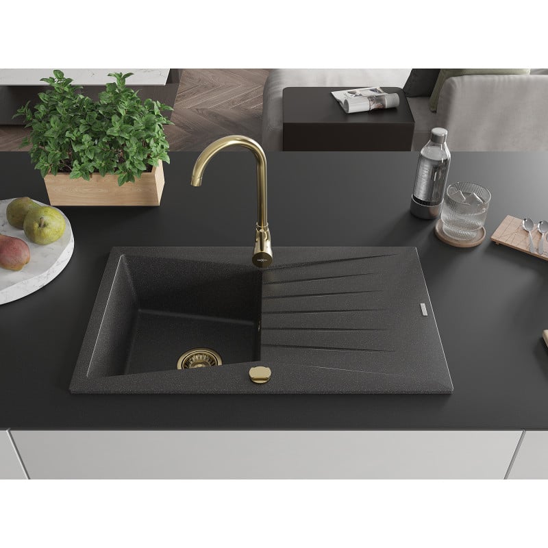 Mexen Cesar évier de cuisine en granit 1 bac avec égouttoir 775 x 470 mm, noir moucheté, siphon doré - 6514771010-76-G