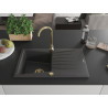 Mexen Cesar évier en granit 1 bac avec égouttoir 775 x 470 mm, noir moucheté, siphon doré - 6514771010-76-G