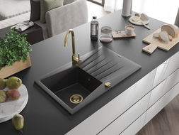 Mexen Cesar évier en granit à 1 cuve avec égouttoir 775 x 470 mm, Noir moucheté, siphon Or - 6514771010-76-G