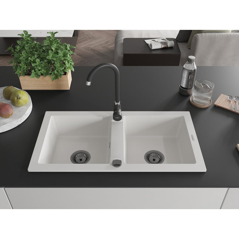Mexen Mario évier en granit 2 compartiments 820 x 436 mm, blanc, siphon noir - 6504822000-20-B