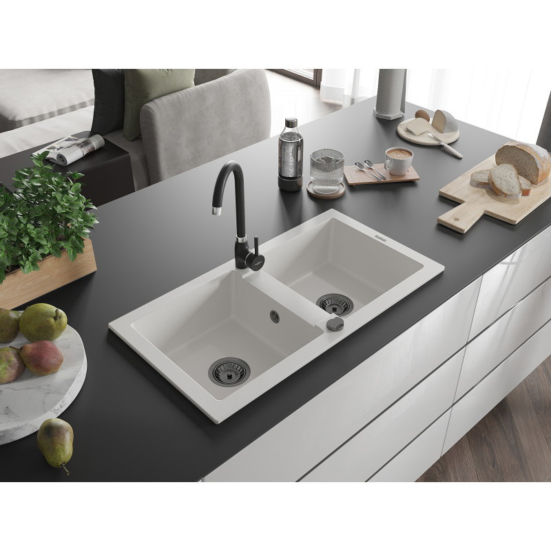 Mexen Mario évier en granit 2 compartiments 820 x 436 mm, blanc, siphon noir - 6504822000-20-B