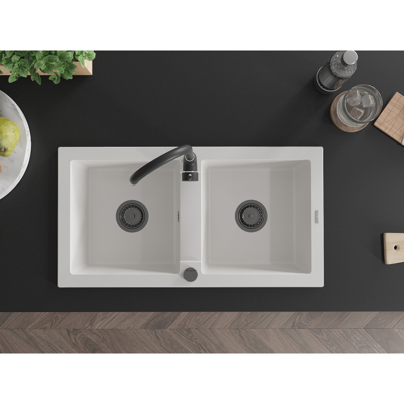 Mexen Mario évier en granit 2 compartiments 820 x 436 mm, blanc, siphon noir - 6504822000-20-B