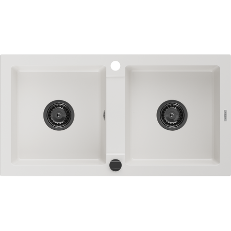 Mexen Mario évier en granit 2 compartiments 820 x 436 mm, blanc, siphon noir - 6504822000-20-B