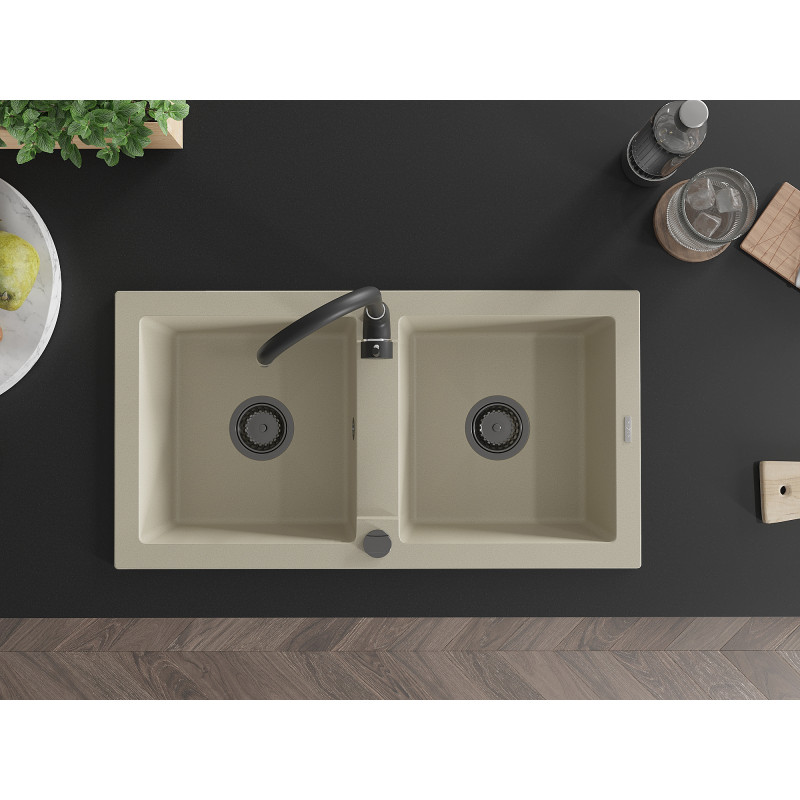 Mexen Mario évier en granit 2 bacs 820 x 436 mm, beige, siphon noir - 6504822000-69-B