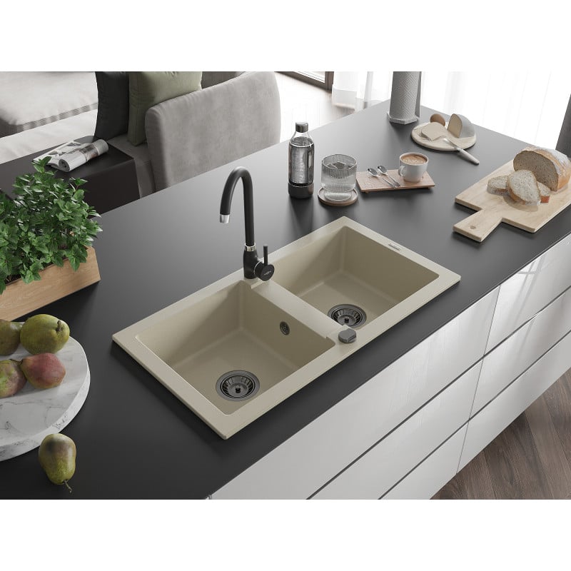 Mexen Mario évier en granit 2 bacs 820 x 436 mm, beige, siphon noir - 6504822000-69-B
