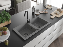 Mexen Mario évier en granit à 2 bacs 820 x 436 mm, gris, siphon noir - 6504822000-71-B