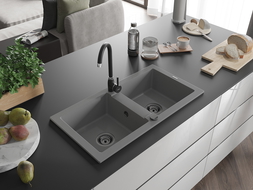 Mexen Mario évier en granit à 2 cuves 820 x 436 mm, Gris, siphon Noir - 6504822000-71-B