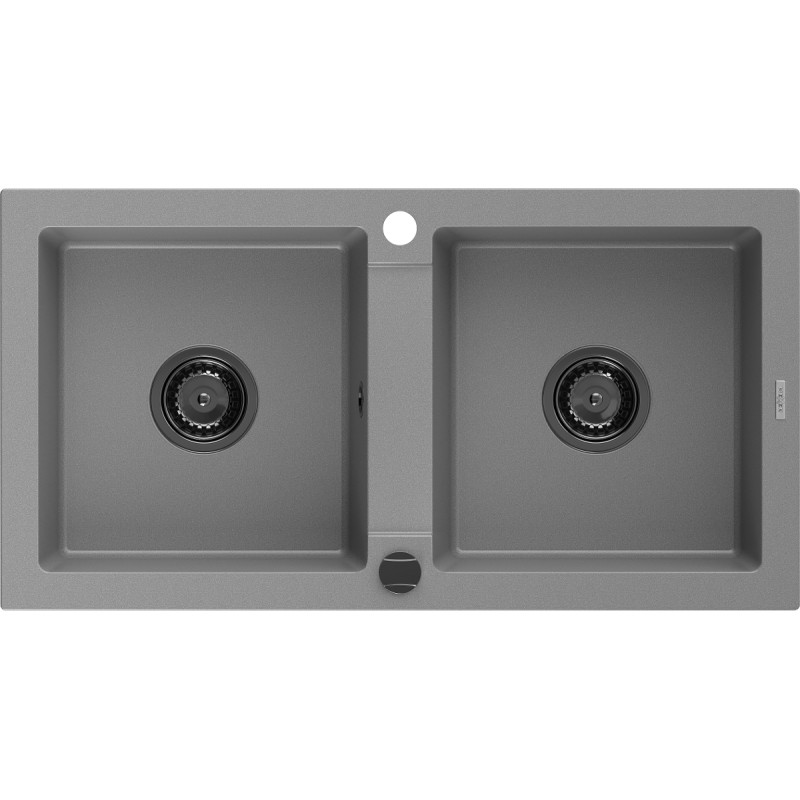 Mexen Mario évier en granit à 2 bacs 820 x 436 mm, gris, siphon noir - 6504822000-71-B