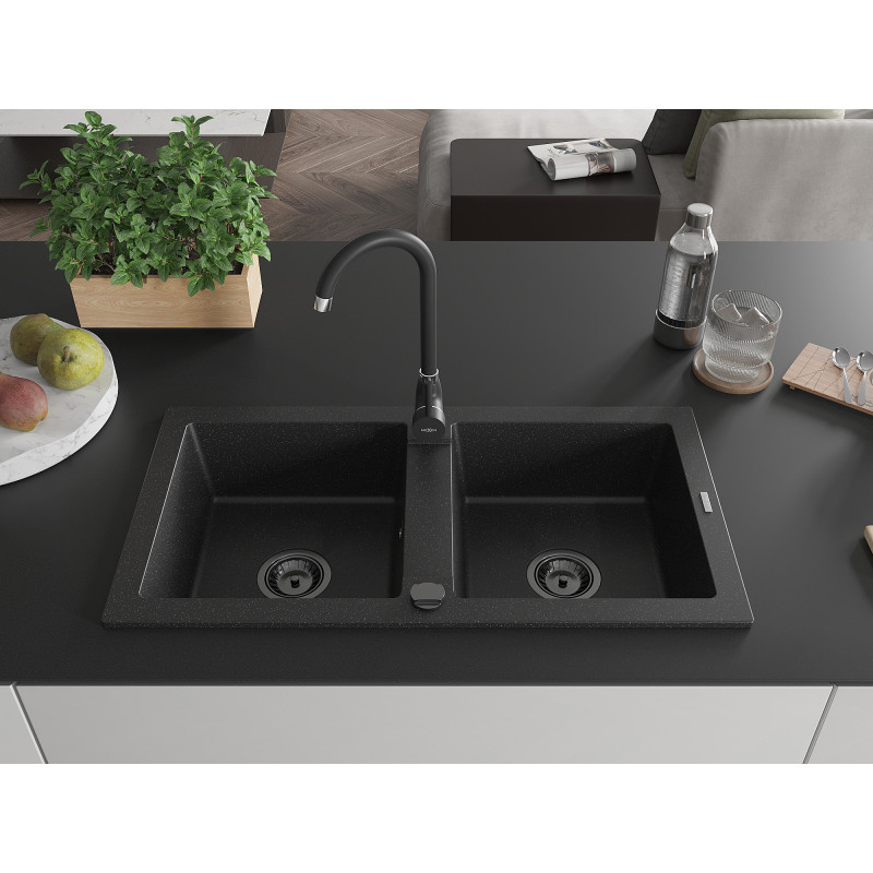 Mexen Mario évier en granit 2 bacs 820 x 436 mm, noir/argent métallisé, siphon noir - 6504822000-73-B