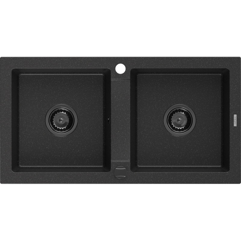 Mexen Mario évier en granit à 2 bassins 820 x 436 mm, noir/métallisé argent, siphon noir - 6504822000-73-B