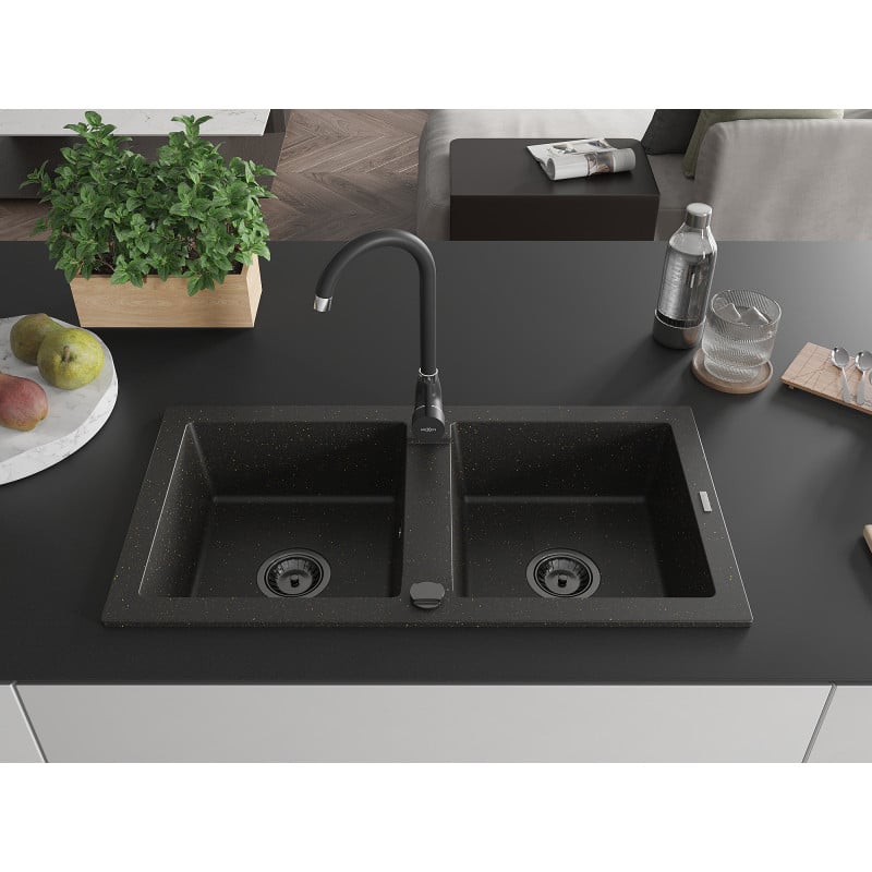 Mexen Mario évier en granit 2 bacs 820 x 436 mm, noir/doré métallisé, siphon noir - 6504822000-75-B