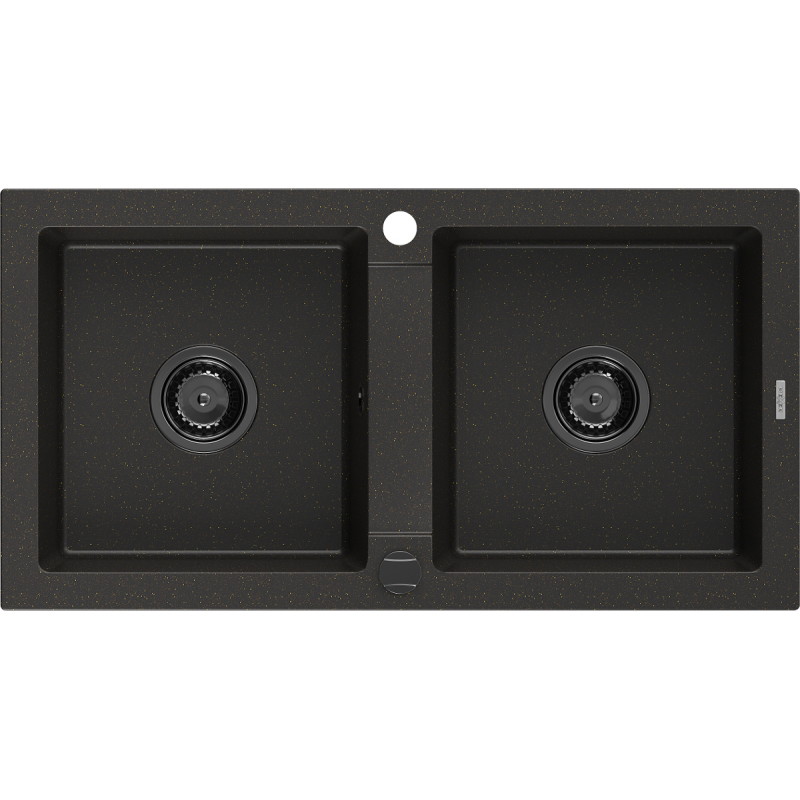 Mexen Mario évier de cuisine en granit 2 bacs 820 x 436 mm, noir/doré métallisé, siphon noir - 6504822000-75-B