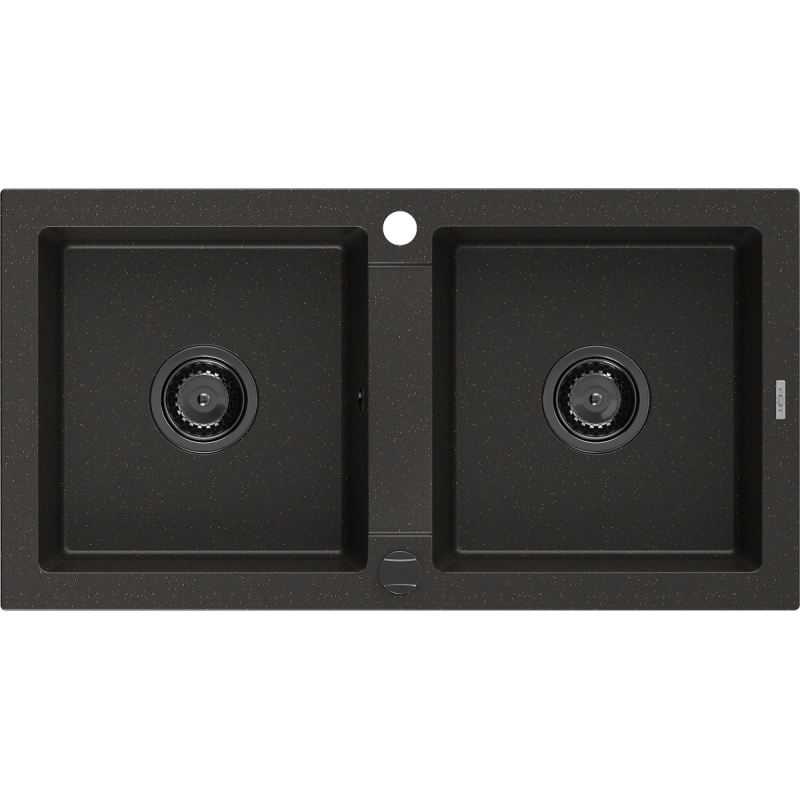Mexen Mario évier en granit 2 bacs 820 x 436 mm, noir/doré métallisé, siphon noir - 6504822000-75-B