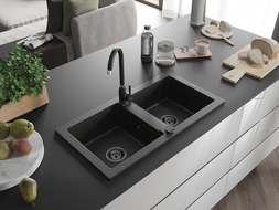 Mexen Mario évier en granit à 2 cuves 820 x 436 mm, Noir/Or métallique, siphon Noir - 6504822000-75-B