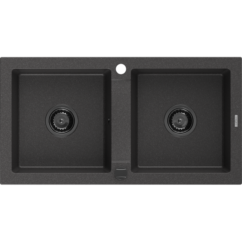 Mexen Mario évier en granit à 2 cuves 820 x 436 mm, Noir moucheté, siphon Noir - 6504822000-76-B