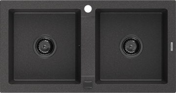 Mexen Mario évier en granit à 2 cuves 820 x 436 mm, Noir moucheté, siphon Noir - 6504822000-76-B
