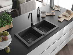 Mexen Mario évier en granit à 2 cuves 820 x 436 mm, Noir moucheté, siphon Noir - 6504822000-76-B
