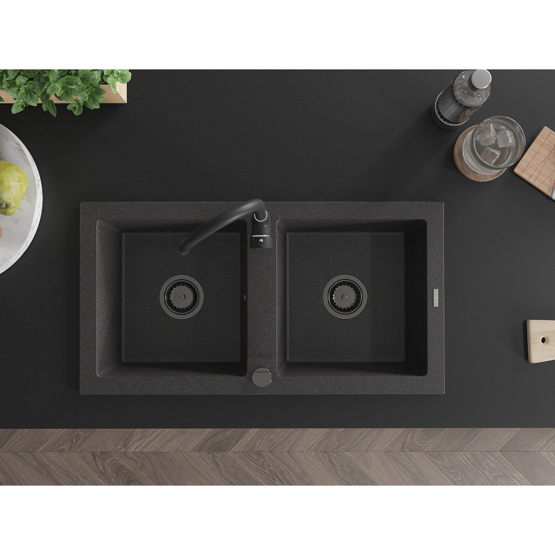 Mexen Mario évier en granit 2 bacs 820 x 436 mm, noir moucheté, siphon noir - 6504822000-76-B