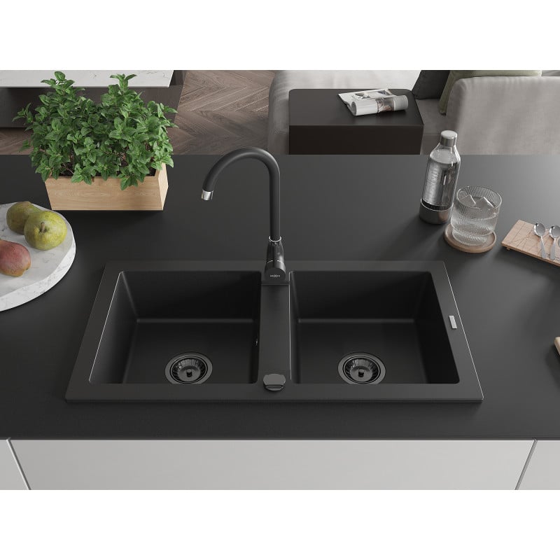 Mexen Mario évier en granit à 2 bacs 820 x 436 mm, noir, siphon noir - 6504822000-77-B
