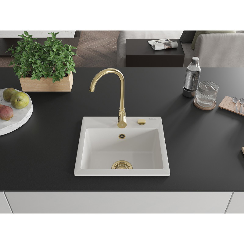 Mexen Milo évier en granit 1 cuve 435 x 410 mm, blanc, siphon doré - 6505441000-20-G