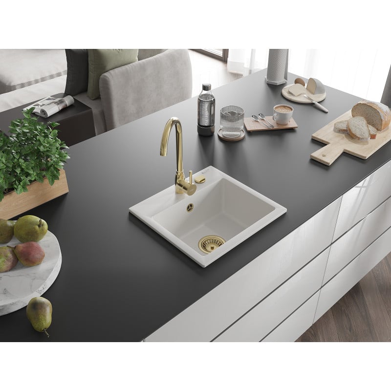 Mexen Milo évier en granit 1 bac 435 x 410 mm, blanc, siphon doré - 6505441000-20-G