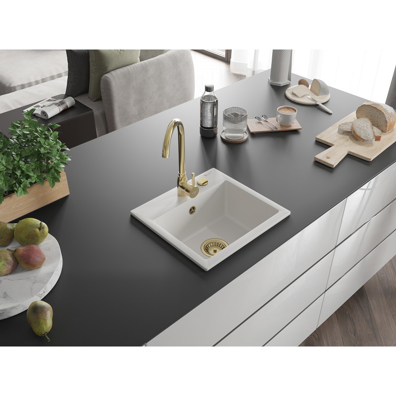 Mexen Milo évier en granit 1 cuve 435 x 410 mm, blanc, siphon doré - 6505441000-20-G