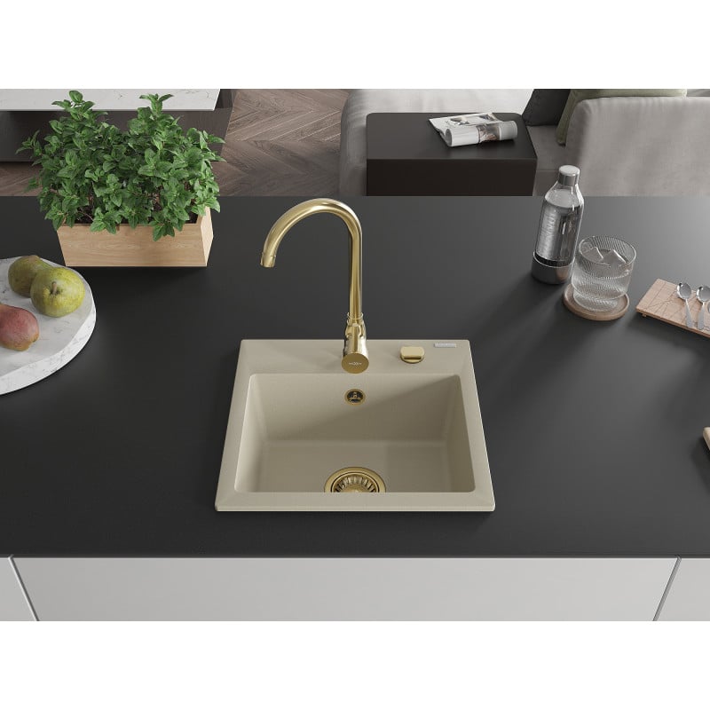Mexen Milo évier en granit 1 bac 435 x 410 mm, beige, siphon doré - 6505441000-69-G