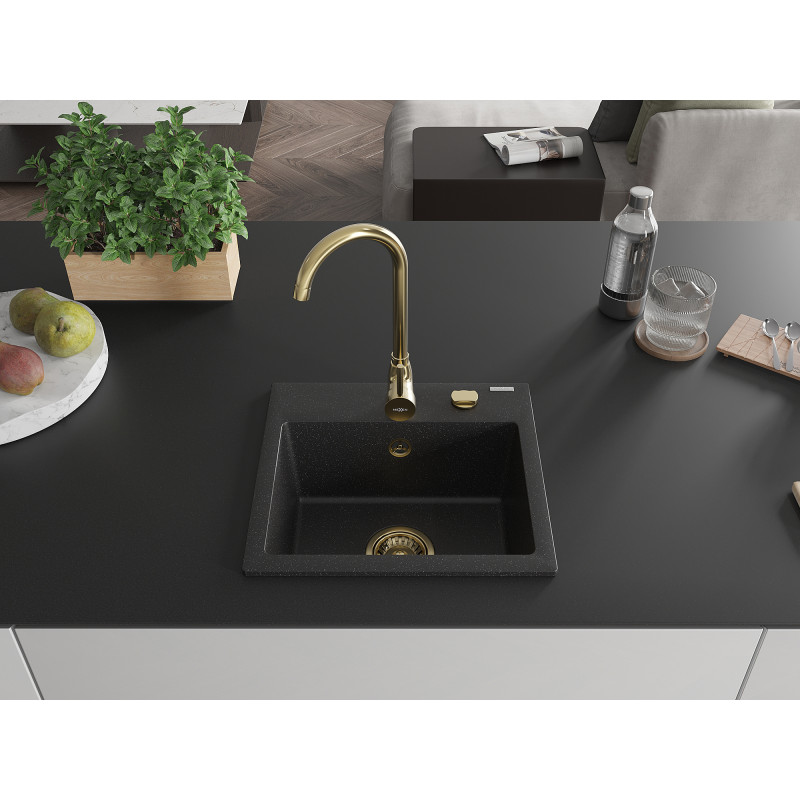 Mexen Milo évier en granit 1 bac 435 x 410 mm, noir/argent métallisé, siphon doré - 6505441000-73-G