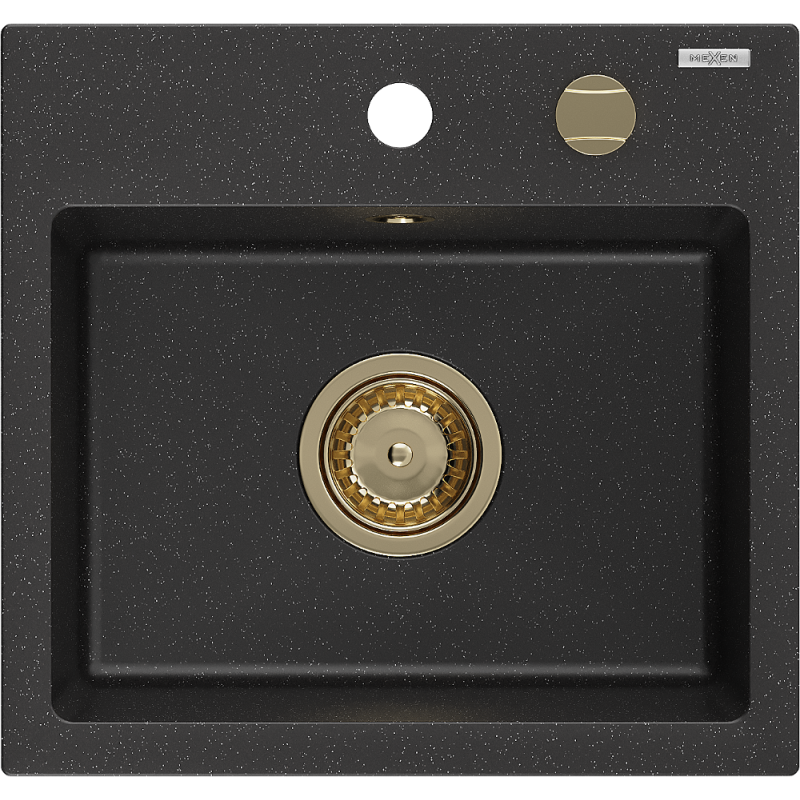 Mexen Milo évier en granit 1 bac 435 x 410 mm, noir/argent métallique, siphon doré - 6505441000-73-G