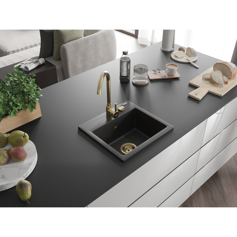 Mexen Milo évier en granit 1 bac 435 x 410 mm, noir/argent métallique, siphon doré - 6505441000-73-G
