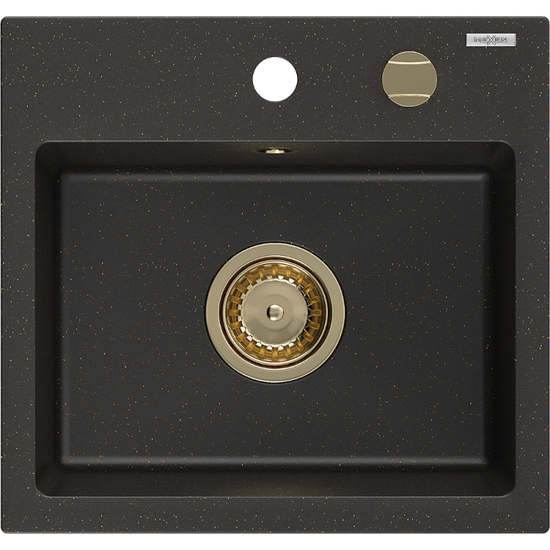Mexen Milo évier en granit à 1 cuve 435 x 410 mm, Noir/Or métallique, siphon Or - 6505441000-75-G