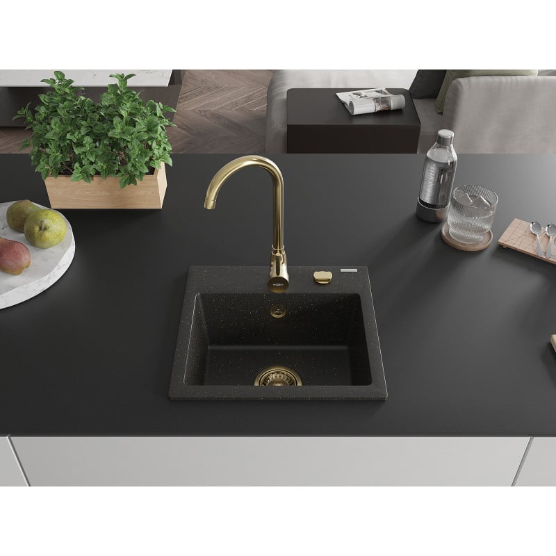 Mexen Milo évier en granit 1 bac 435 x 410 mm, noir/doré métallique, siphon doré - 6505441000-75-G