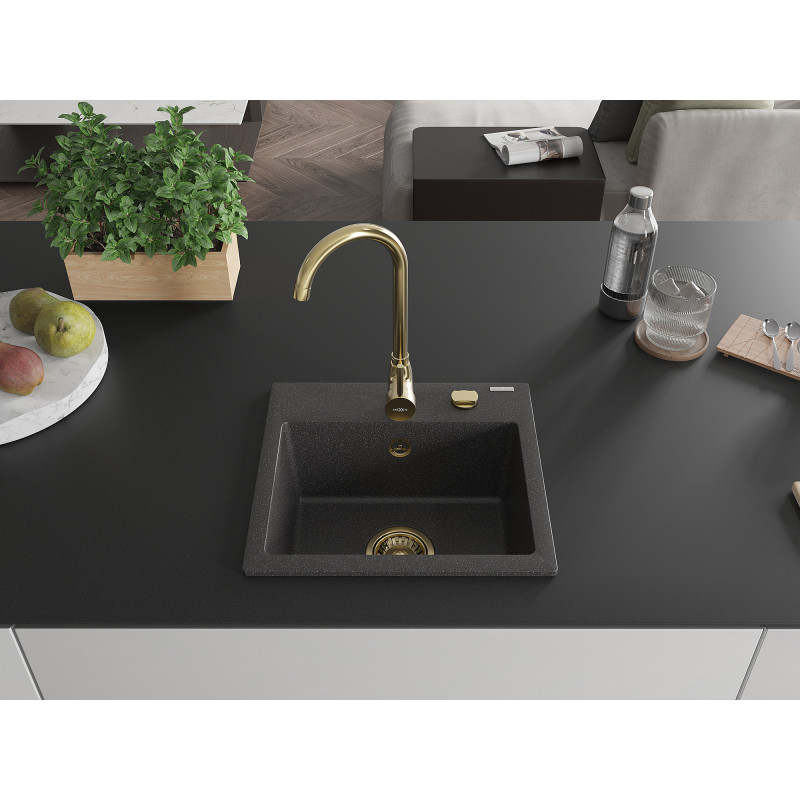 Mexen Milo évier en granit 1 bac 435 x 410 mm, noir moucheté, siphon doré - 6505441000-76-G