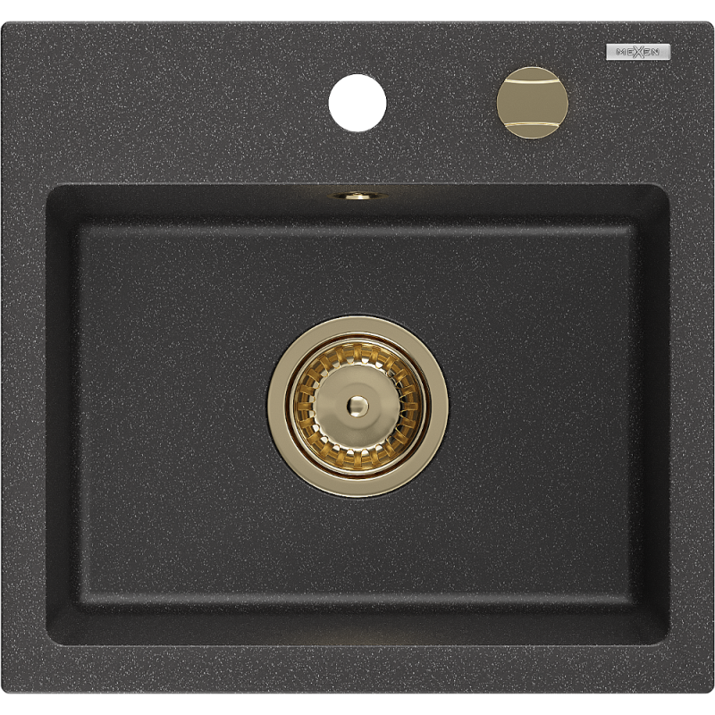 Mexen Milo évier en granit 1 bac 435 x 410 mm, noir moucheté, siphon doré - 6505441000-76-G