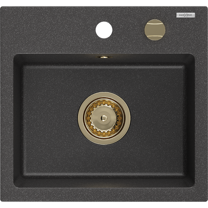 Mexen Milo évier en granit à 1 cuve 435 x 410 mm, Noir moucheté, siphon Or - 6505441000-76-G